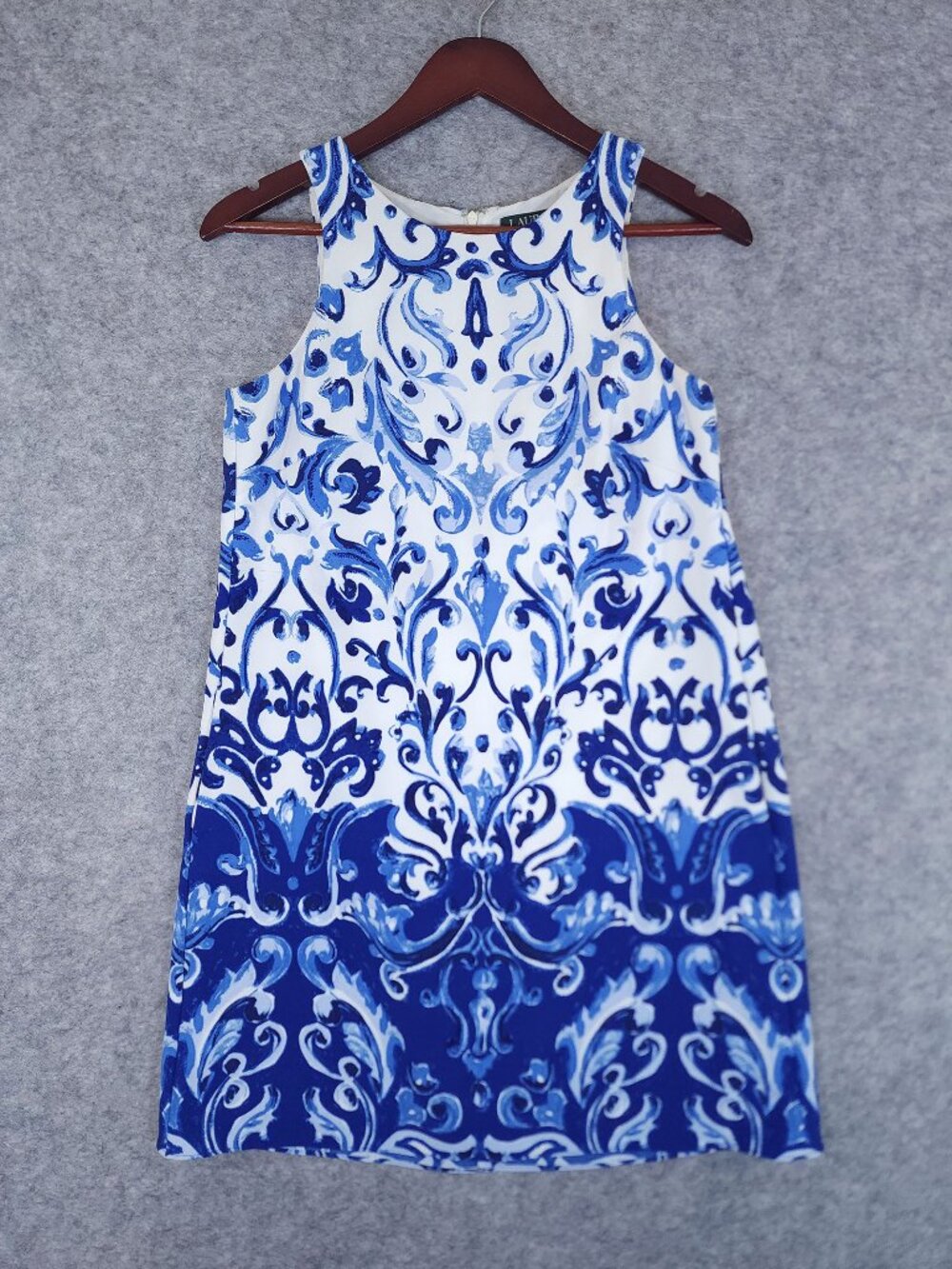 Lauren Ralph Lauren Damask Shift Dress Size 4 Blue White Sleeveless Coastal Chic